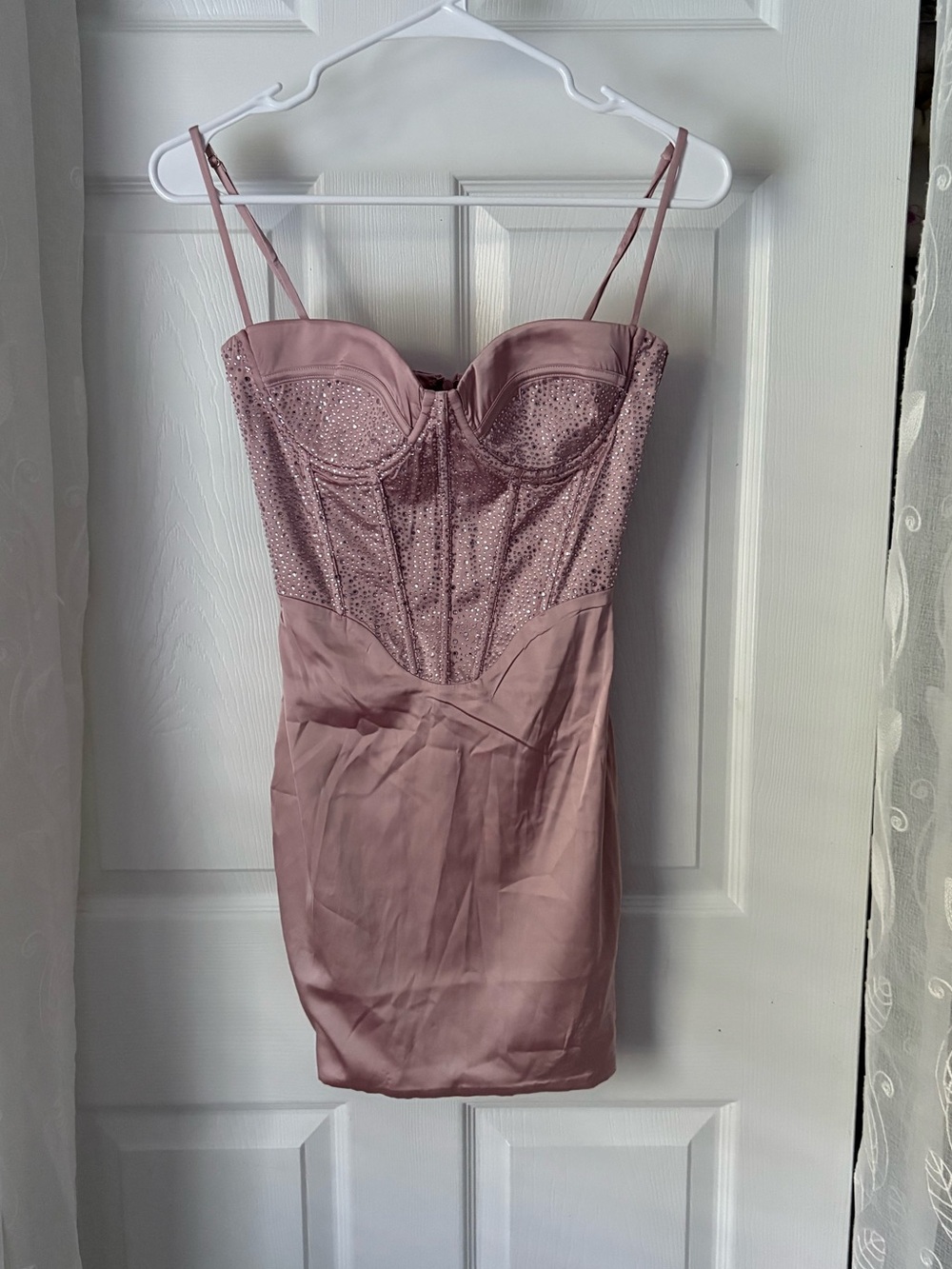 Oh Polly Moonstruck satin mini dress corset-style bodice rhinestone women size 0